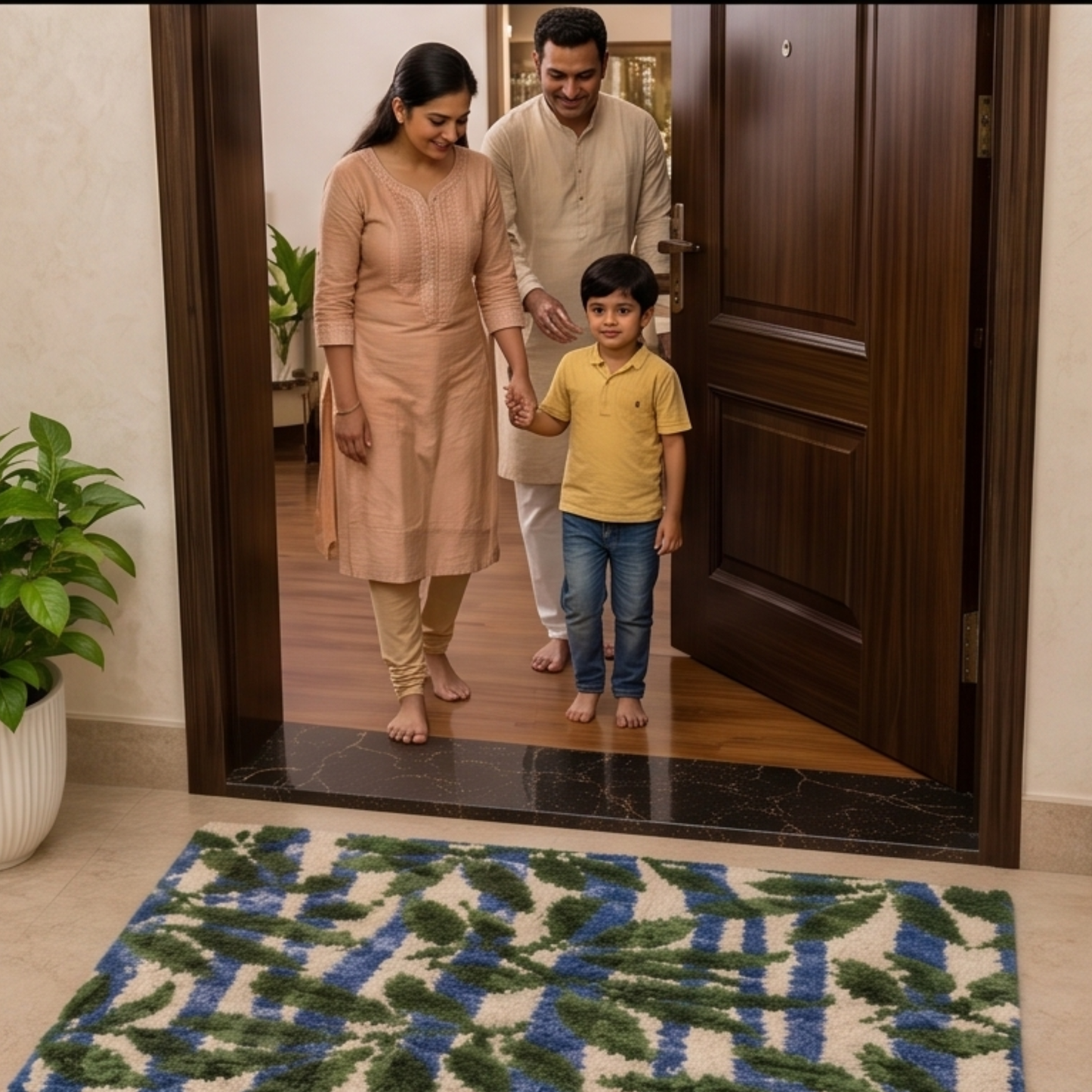 Parish Handlooms Premium Leaf Print Door Mat | Soft Anti-Slip Washable Entrance Foot Mat (Blue, Green & Cream)