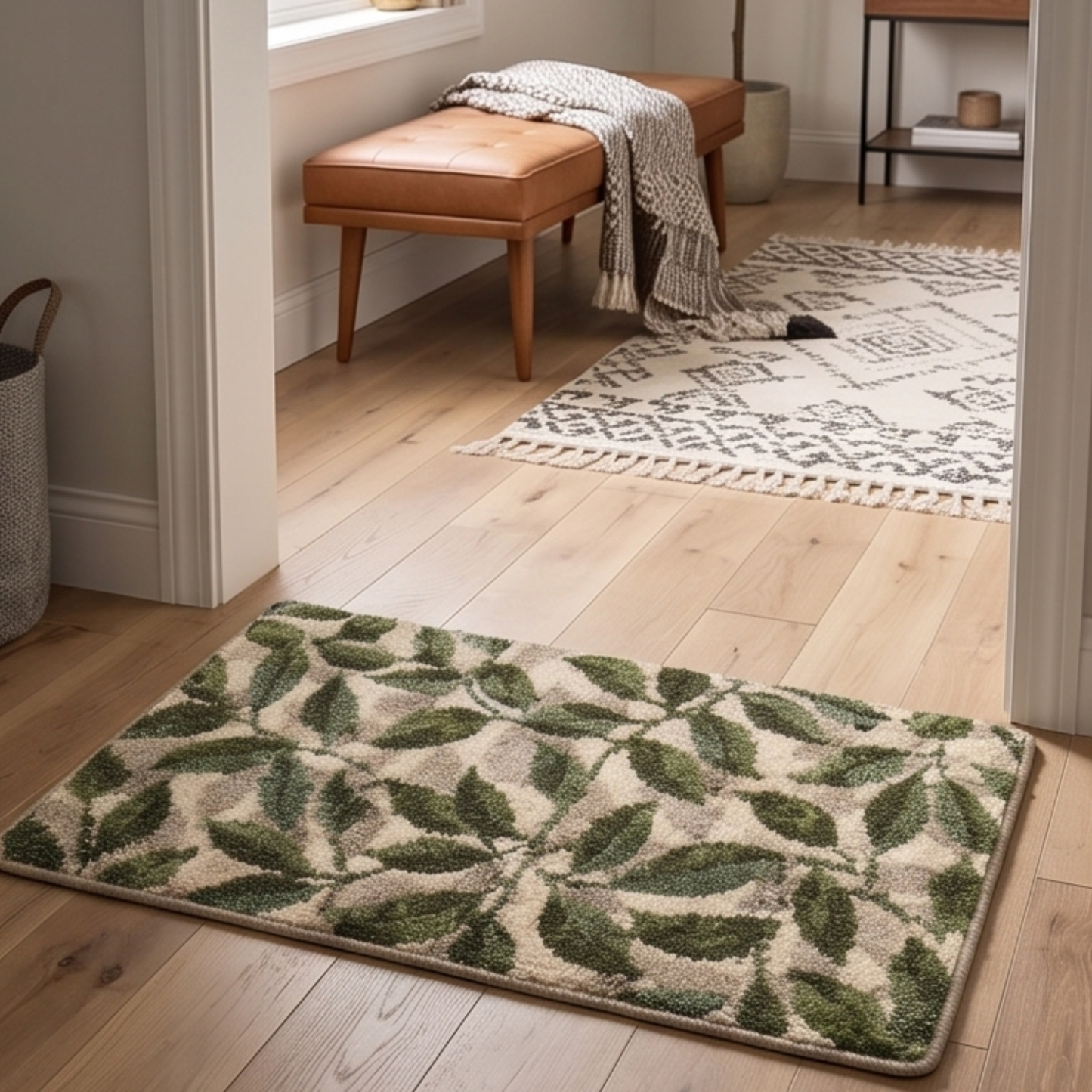 Parish Handlooms Premium Anti-Slip Leaf Print Door Mat | Soft Washable Entrance Foot Mat for Home (Green & Cream)