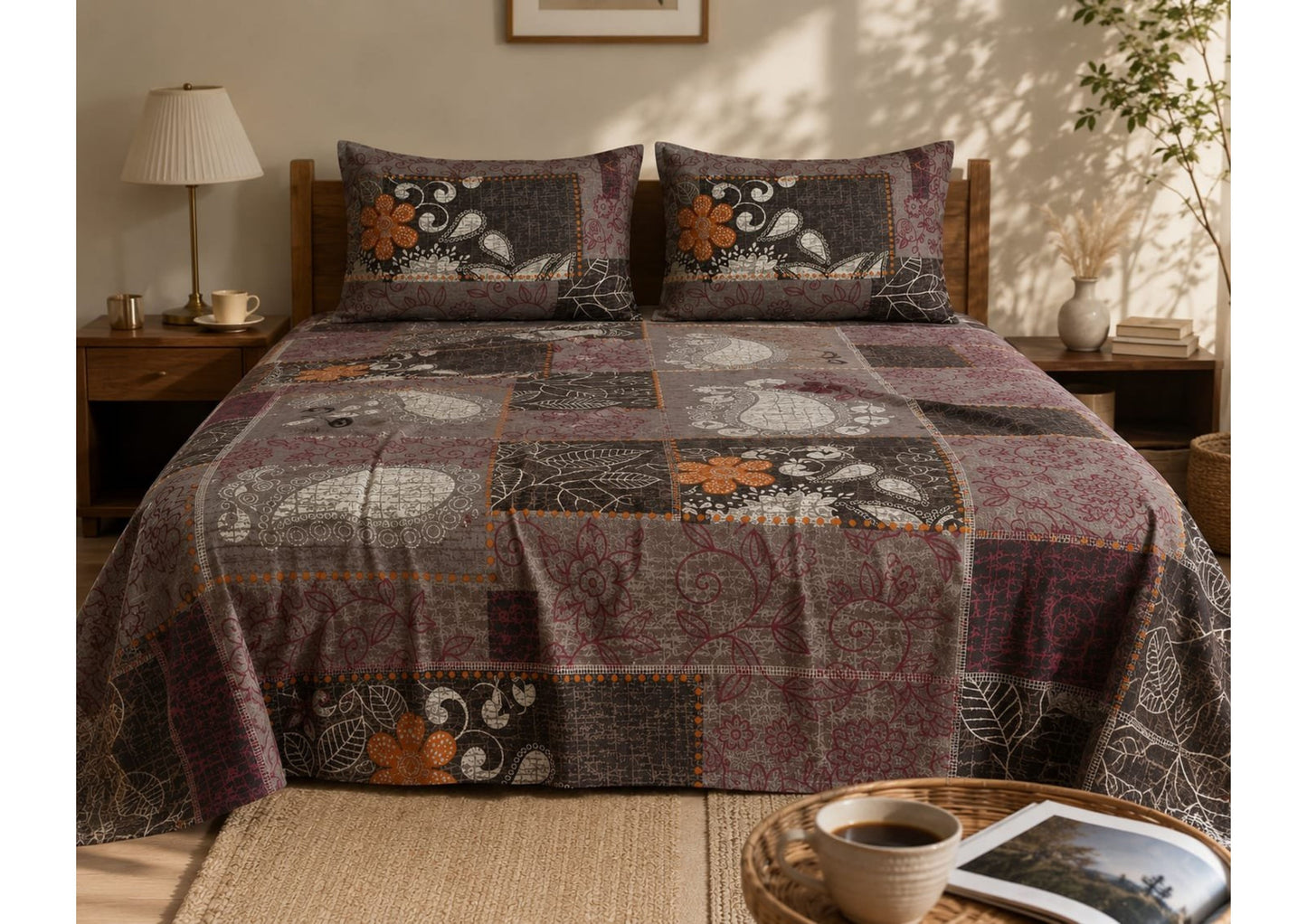 Parish Handlooms 100% Cotton Double Flat Bedsheet | 210 TC Breathable Summer Bedding Set with 2 Pillow Covers (Printed)