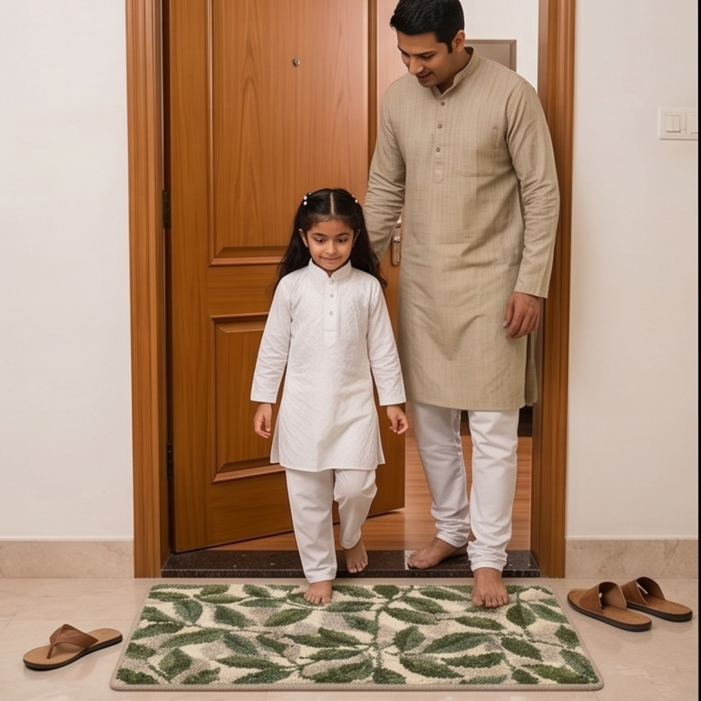 Parish Handlooms Premium Anti-Slip Leaf Print Door Mat | Soft Washable Entrance Foot Mat for Home (Green & Cream)