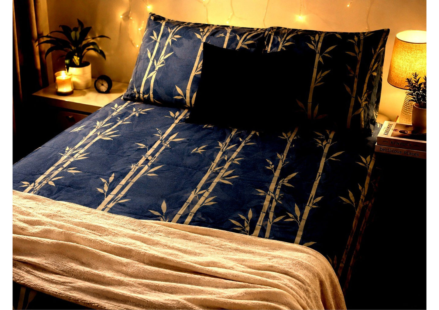 Parish Handlooms 100% Cotton Double Flat Bedsheet | 210 TC Botanical Bamboo Print Summer Bedding Set with 2 Pillow Covers (Indigo Blue)