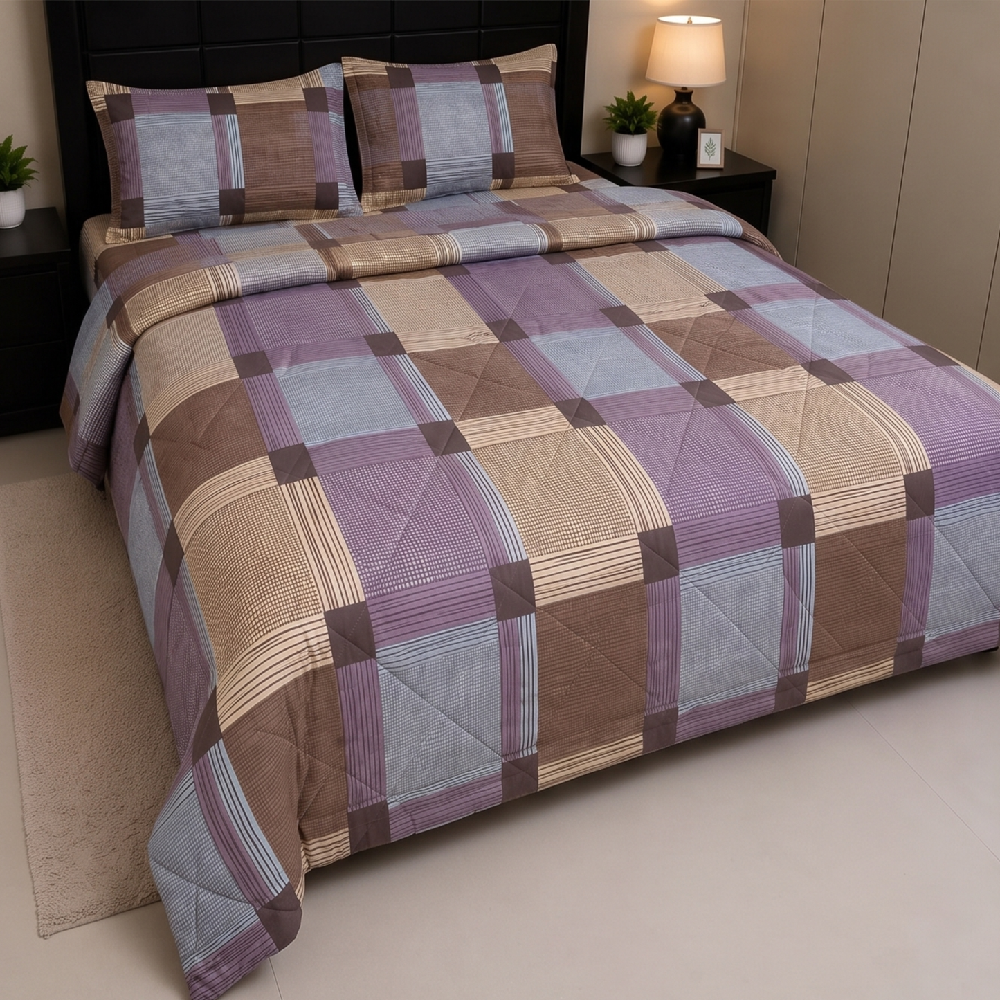 Parish Handlooms Geometric Cotton Double Bedding Set 1 Double Comforter with 1 Double Bedsheet and 2 Pillow Covers (Purple, All Season)