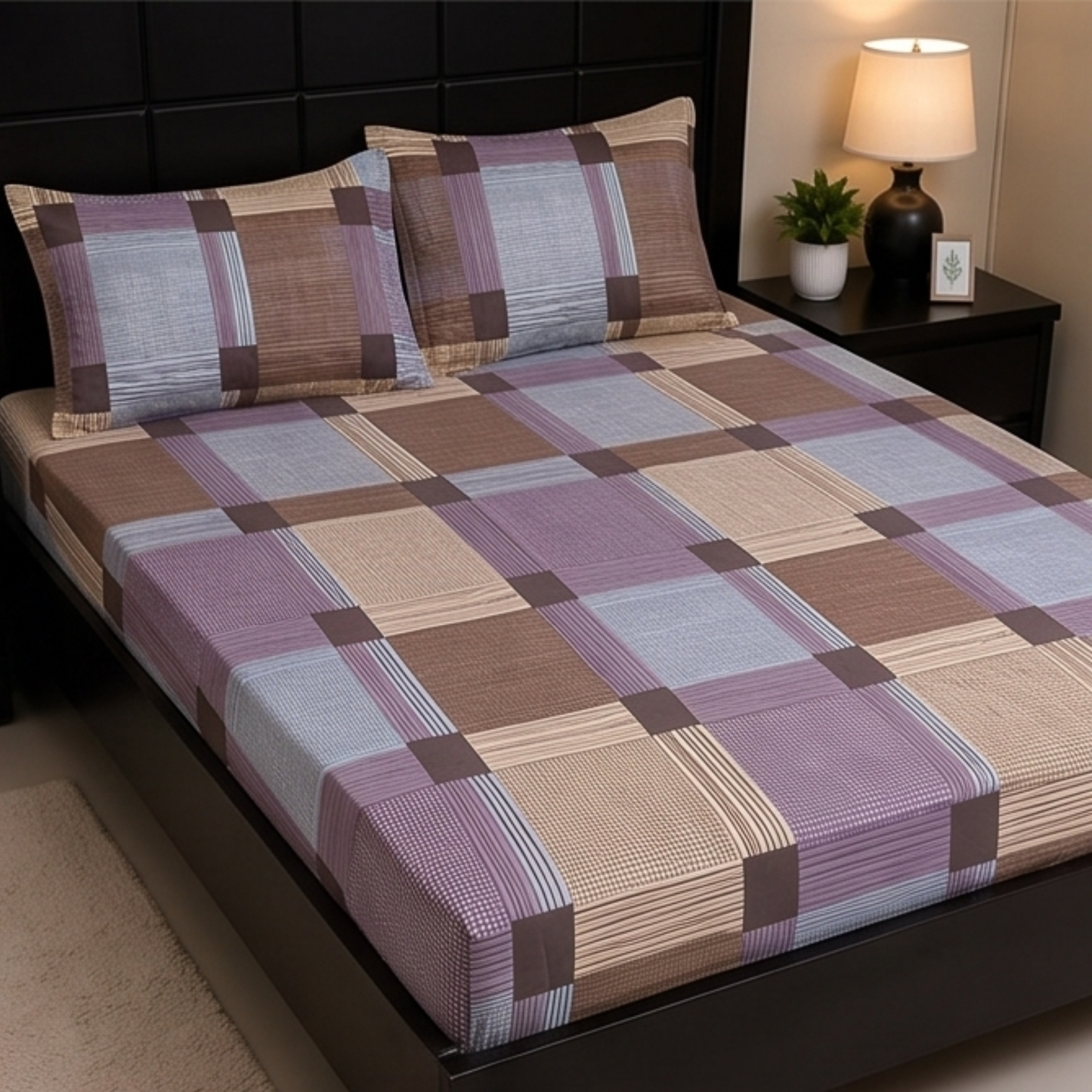 Parish Handlooms Geometric Cotton Double Bedding Set 1 Double Comforter with 1 Double Bedsheet and 2 Pillow Covers (Purple, All Season)