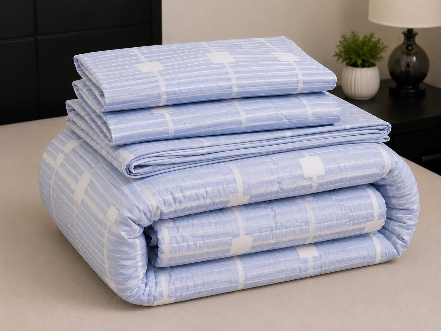 Parish Handlooms Geometric Cotton Double Bedding Set 1 Double Comforter with 1 Double Bedsheet and 2 Pillow Covers (Light Blue, All Season)