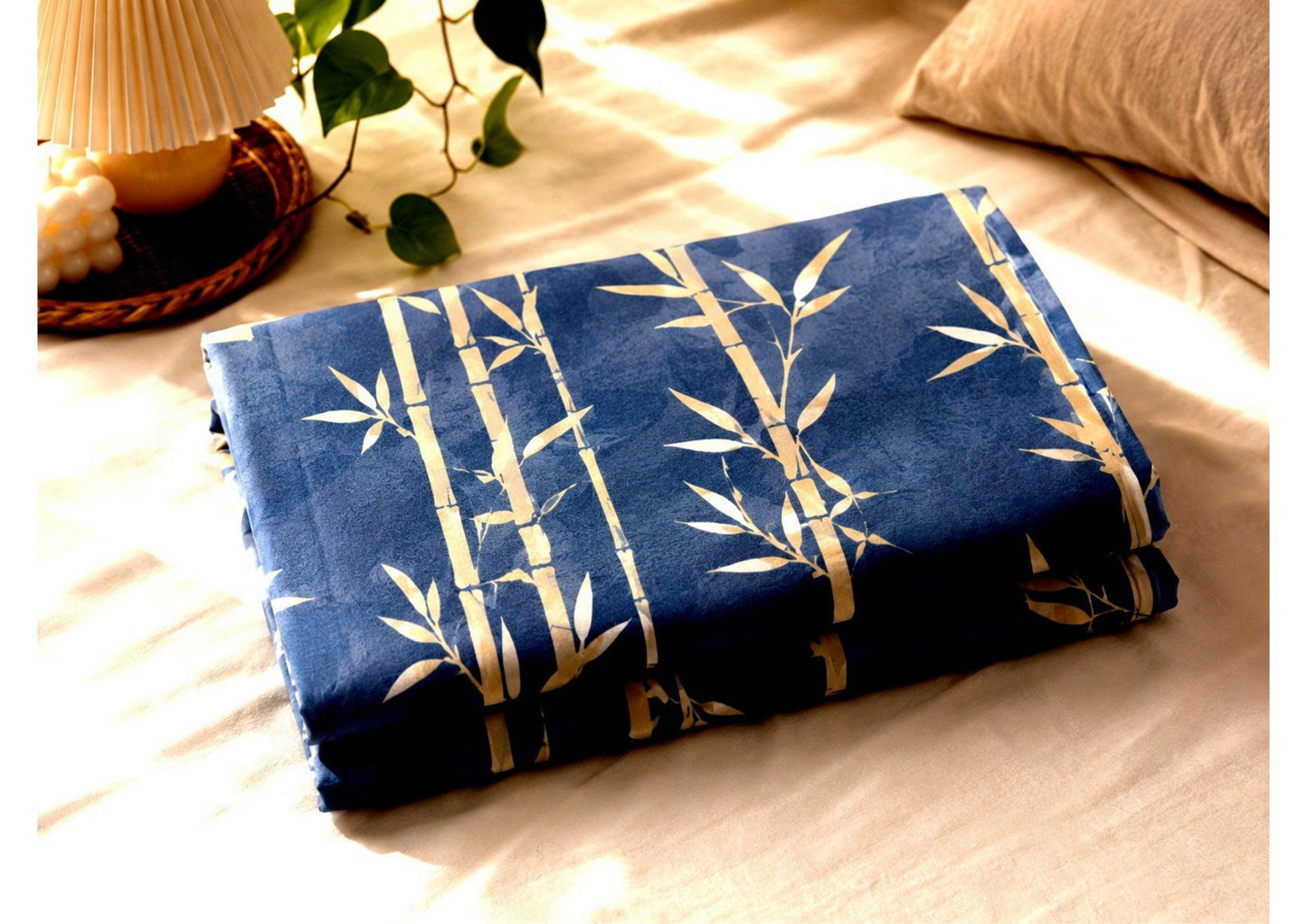 Parish Handlooms 100% Cotton Double Flat Bedsheet | 210 TC Botanical Bamboo Print Summer Bedding Set with 2 Pillow Covers (Indigo Blue)