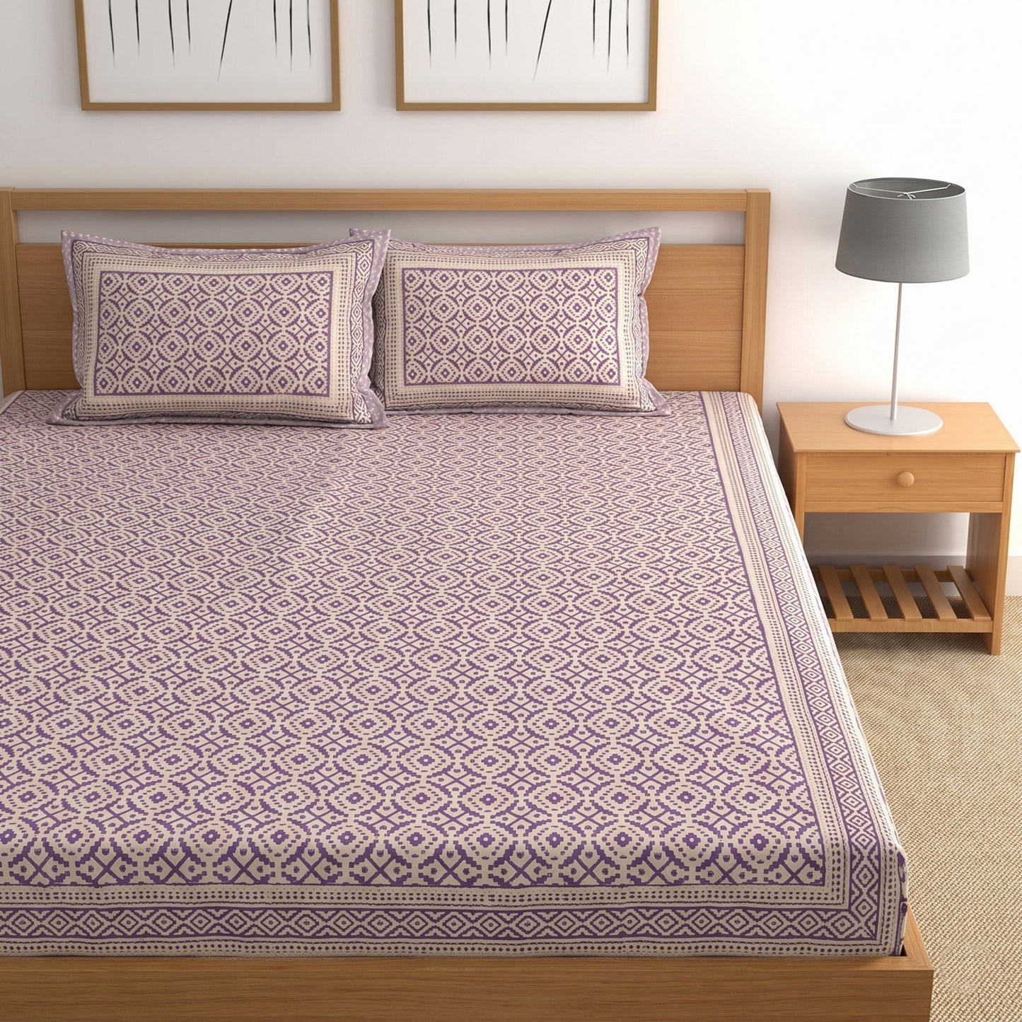 Parish Handlooms Cotton Double Flat 200 TC Geometric AC Bedsheet with 2 Pillow Covers