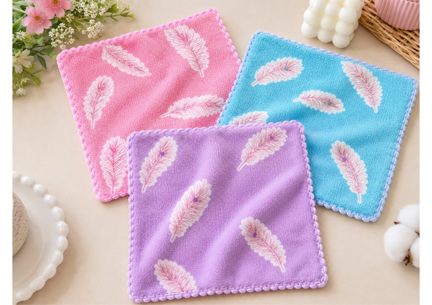 Parish Handlooms Premium Feather Print Ultra Soft Kids Face Towels - Pack of 3 Microfiber Baby Handkerchiefs with Cute Border for Boys & Girls