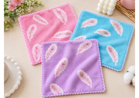 Parish Handlooms Premium Feather Print Ultra Soft Kids Face Towels - Pack of 3 Microfiber Baby Handkerchiefs with Cute Border for Boys & Girls