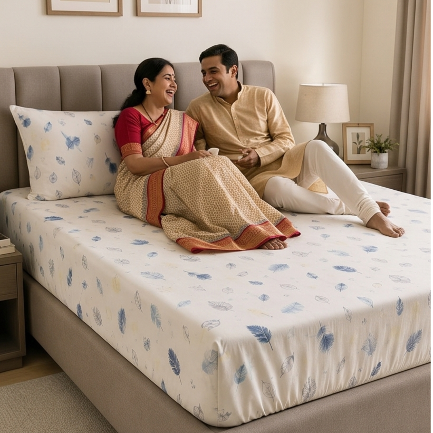 Parish Handlooms Cotton Double Fitted (Elastic) 210 TC Printed 1 Summer Bedsheet with 2 Pillow Covers