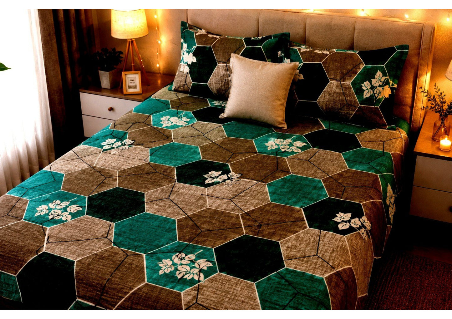 Parish Handlooms 100% Cotton Double Flat Bedsheet | 210 TC Hexagonal Geometric Floral Summer Bedding Set with 2 Pillow Covers (Emerald Green & Brown)