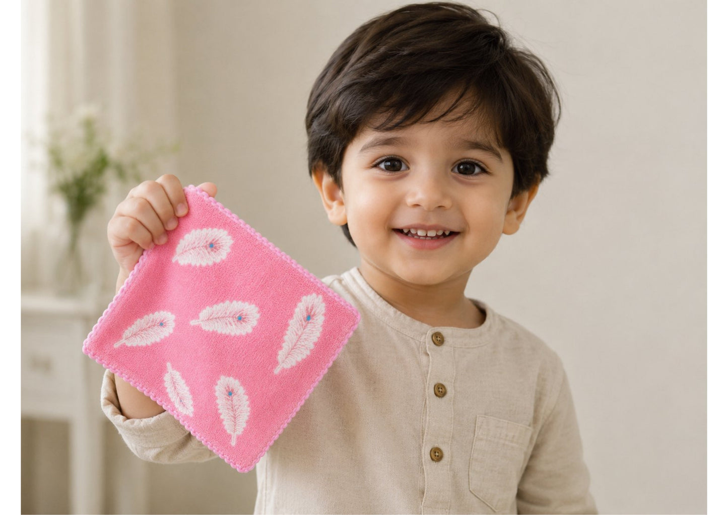 Parish Handlooms Premium Feather Print Ultra Soft Kids Face Towels - Pack of 3 Microfiber Baby Handkerchiefs with Cute Border for Boys & Girls
