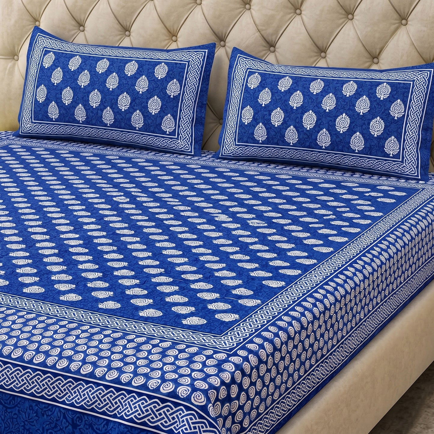 Parish Handlooms Cotton Double Flat 200 TC Printed 1 Summer Bedsheet with 2 Pillow Covers (Deep Blue White)