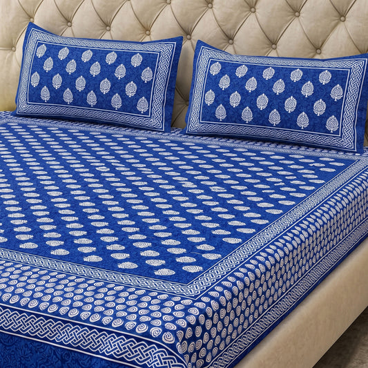 Parish Handlooms Cotton Double Flat 200 TC Printed 1 Summer Bedsheet with 2 Pillow Covers (Deep Blue White)