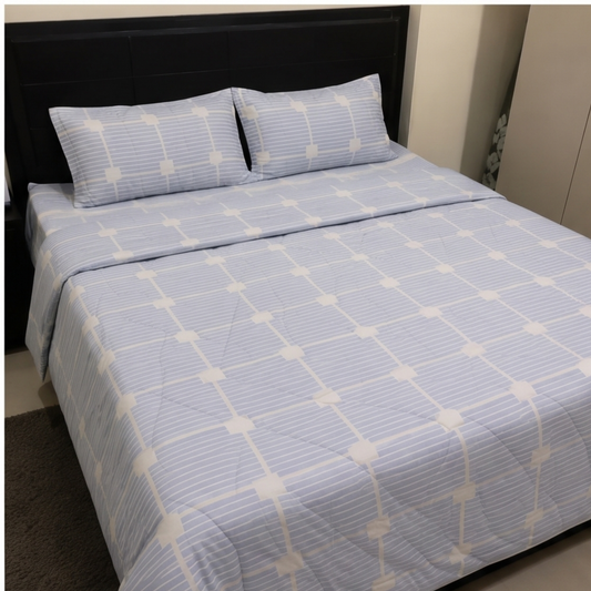 Parish Handlooms Geometric Cotton Double Bedding Set 1 Double Comforter with 1 Double Bedsheet and 2 Pillow Covers (Light Blue, All Season)