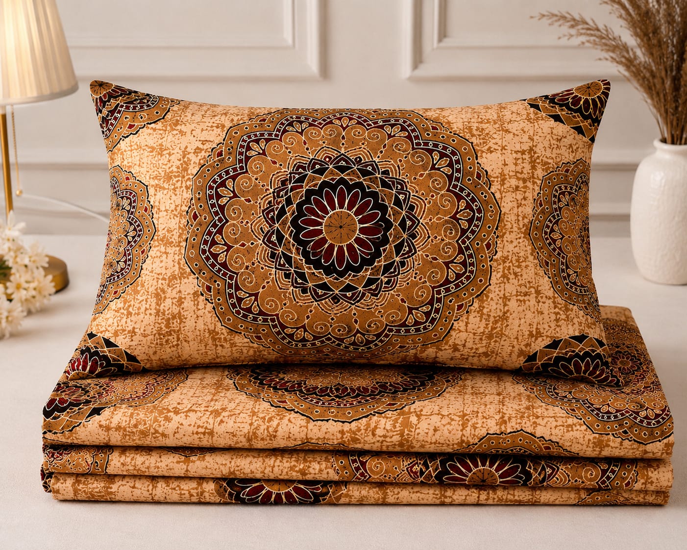 Parish Handlooms 100% Cotton Double Flat Bedsheet | 210 TC Royal Mandala Medallion Summer Bedding Set with 2 Pillow Covers (Rust Orange & Ochre)
